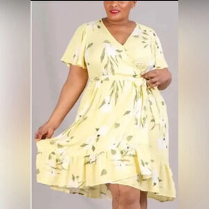 RACHEL Rachel Roy Yellow Floral Wrapped Midi Dress Size 3X Summer Spring